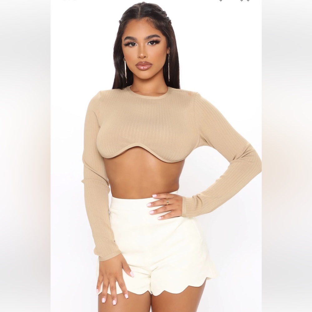 Fashion Nova Cropped Long Sleeve Top Nude Size Small